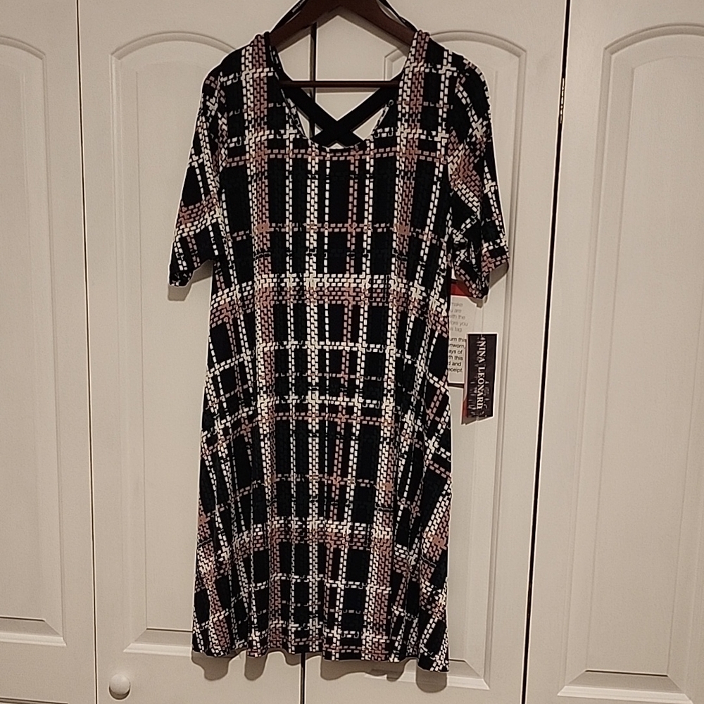 Nina Leonard Black and Pink Plaid Dress